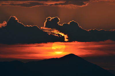 Scenic view of silhouette mountains against dramatic sky