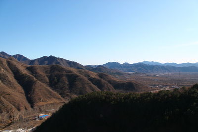 Scenic view of mountains against clear blue sky