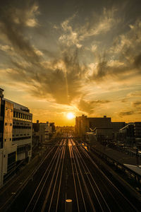 High angle view of railroad tracks against sky during sunset