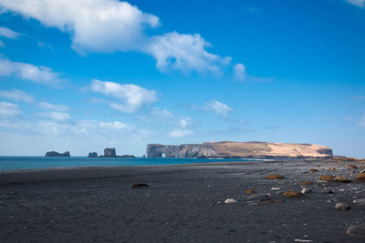 Scenic view of beach against blue sky