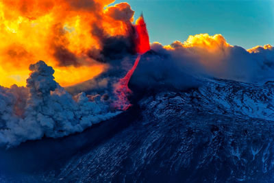 Scenic view of snowcapped mountains against sky during sunset