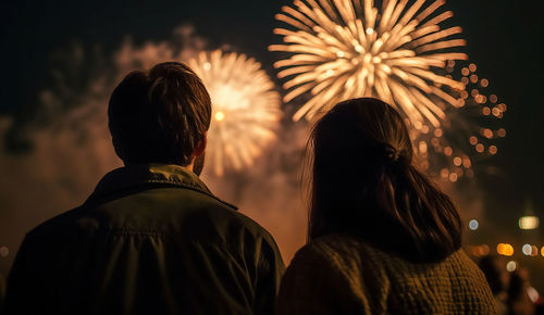 Rear view of man standing against firework display at night