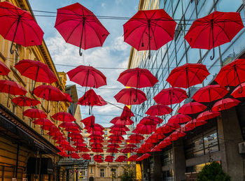 Red umbrellas decoration on streets of belgrade, serbia