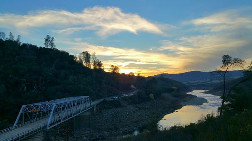 Scenic view of mountains against sky at sunset