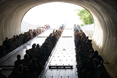 Crowd on escalator leaving metro subway in washington dc 