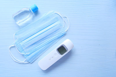 High angle view of bottle on table