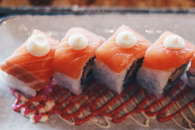 Close-up of sushi served in plate