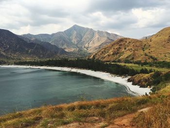 Scenic view of lake by mountains against sky