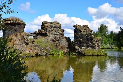 Reflection of rocks on lake myvatn against cloudy sky