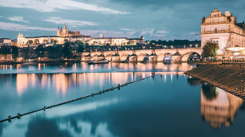 Reflection of illuminated buildings in water