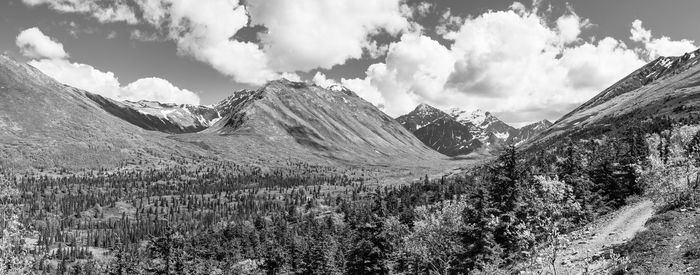 Panoramic view of snowcapped mountains against sky