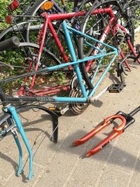 High angle view of bicycle wheel on field