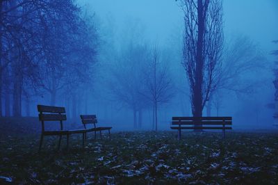 Empty bench by bare trees on landscape against sky