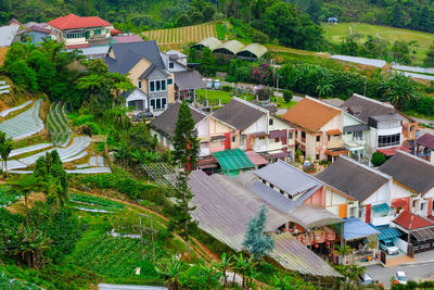 High angle view of houses and buildings in town