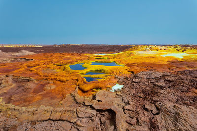 Scenic view of land against clear blue sky