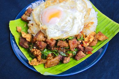 High angle view of food in plate on table