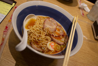 High angle view of soup in bowl