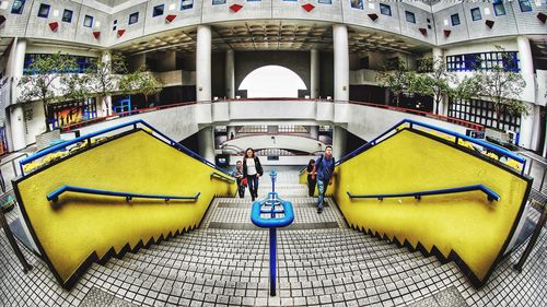 High angle view of yellow entrance to building