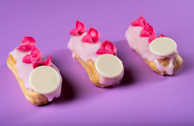 High angle view of dessert with pink flowers