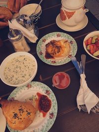 High angle view of meal served on table