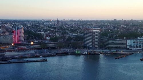 High angle view of city at waterfront