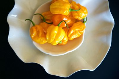 Directly above shot of habaneros in white plate