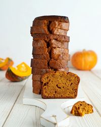 Pumpkin spice bread, sliced and stacked up