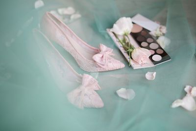 High angle view of high heels on floor