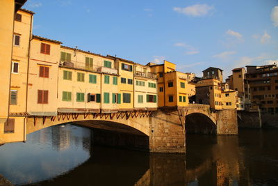 Bridge over river by buildings against sky in city