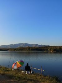 Scenic view of lake against clear blue sky