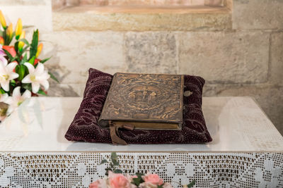 High angle view of open book on table