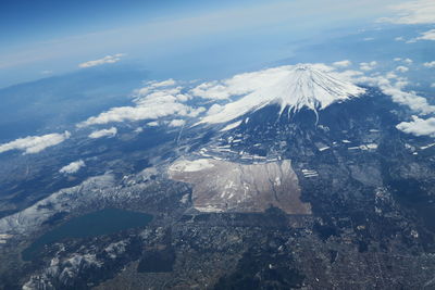 Aerial view of snowcapped mountains against sky