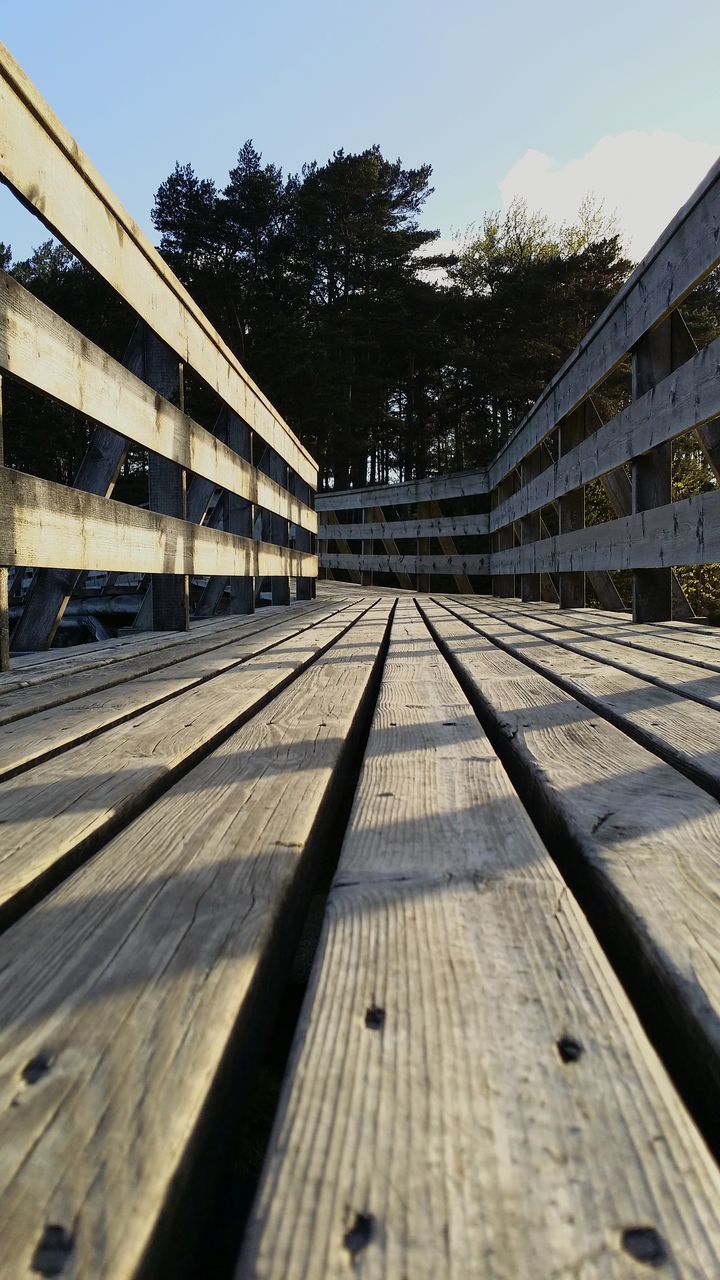 built structure, architecture, railroad track, transportation, the way forward, building exterior, diminishing perspective, sky, clear sky, tree, rail transportation, vanishing point, surface level, wood - material, day, no people, outdoors, sunlight, house, railing