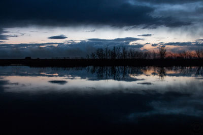 Scenic view of lake against sky at sunset