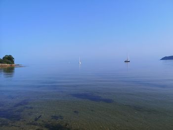 Scenic view of sea against clear blue sky