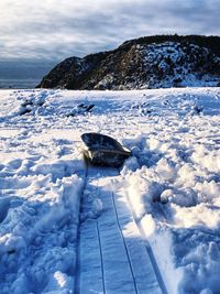 Scenic view of snow covered mountains against sky