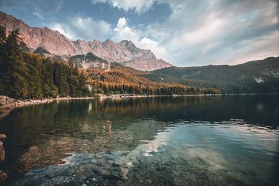 Scenic view of lake by mountains against sky