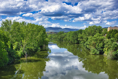 Scenic view of lake by trees against sky