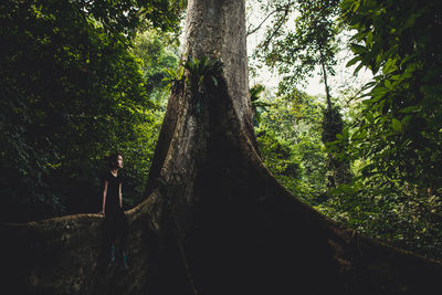 Woman sitting on tree root in forest