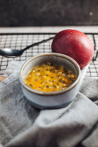 High angle view of fruits in bowl on table