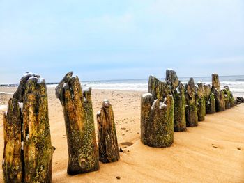 Panoramic view of wooden post on beach against sky