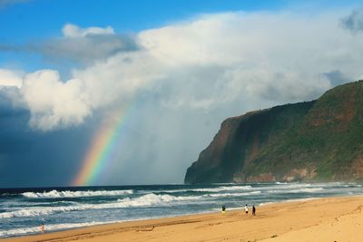 Scenic view of beach against rainbow in sky