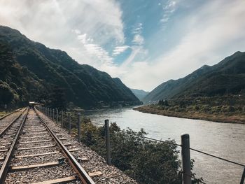 Scenic view of railroad tracks by mountains against sky