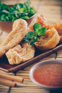 High angle view of food in plate on table