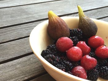 High angle view of fruits on bowl on wooden table