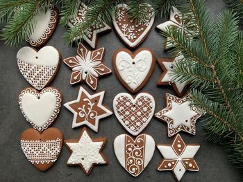 High angle view of cookies on christmas tree