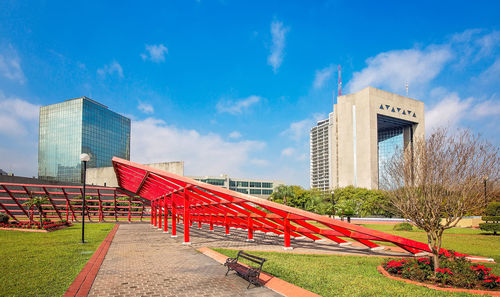 View of modern building against blue sky