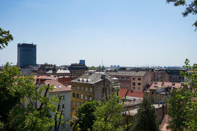 View of townscape against clear sky