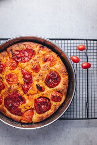 High angle view of pizza on table