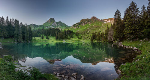 Scenic view of lake and mountains against sky